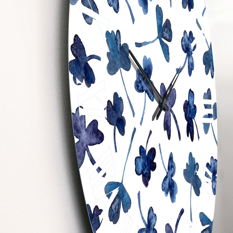 Horloge murale à motif fleurs bleues et trèfles bleues, Grand