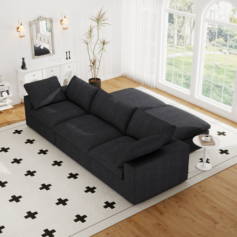 Kenda 5-Piece Upholstered Modern Linen Slipcovered Sectional With Storage Ottoman, Black Linen