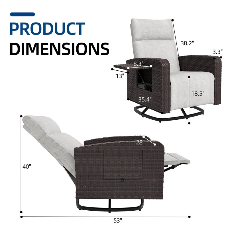 28" W Wicker Outdoor Swivel Recliner Chair with Lift-Up Side Table