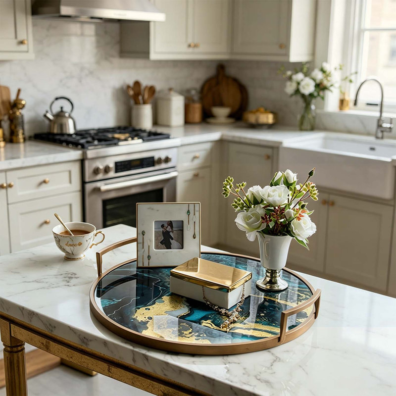 Round Accent Mirrored Tray with Blue and Gold Artistic Pattern, Handles, and Durable Construction for Home Decor