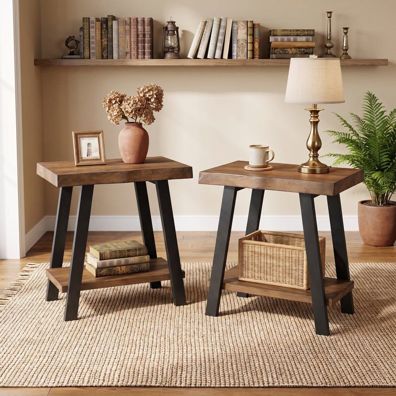 Table d'appoint en bois massif à bords naturels de 60 cm (23,6 pouces), table d'appoint à 2 niveaux avec pattes en métal, idéale pour le salon et la chambre.