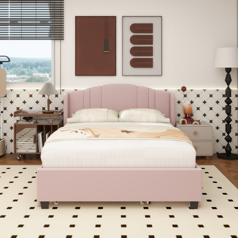 Lit plateforme tapissier avec tête de lit à oreilles, un lit gigogne simple et 2 tiroirs, aucun sommier nécessaire, tissu en lin, grand