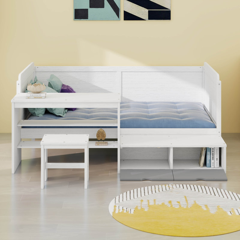 Lit multifonctionnel avec casiers, bureau, tablettes et tabouret assorti, Blanc