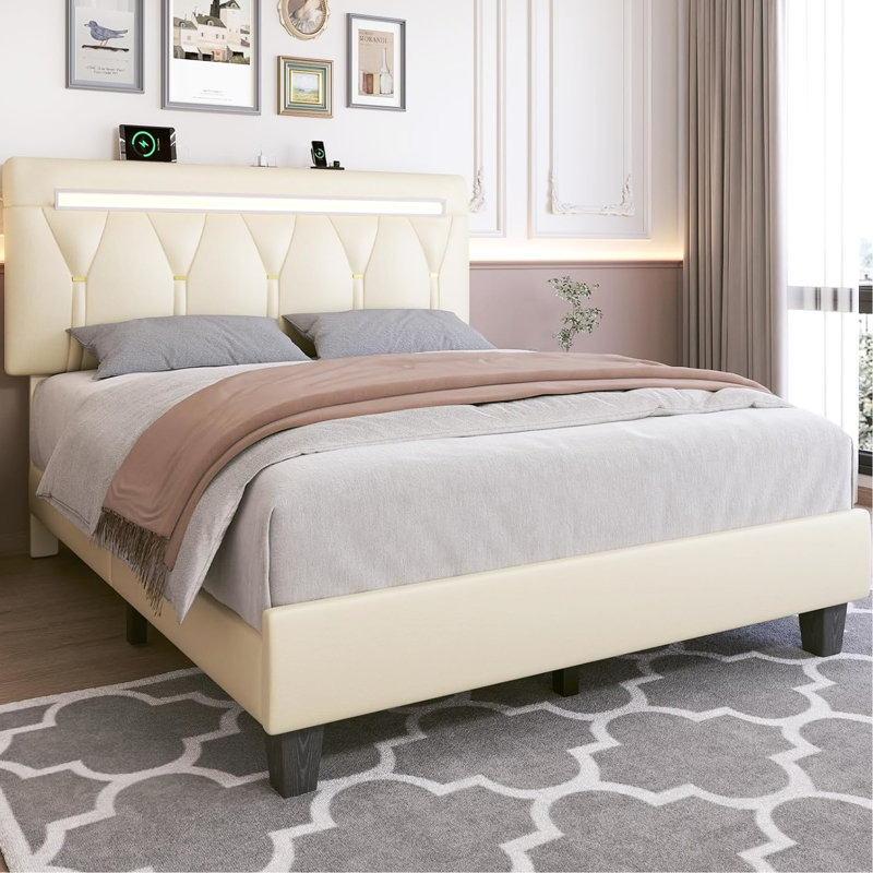 Base de lit pour grand lit avec lumières à DEL, charge intégrée et tête de lit réglable. Créez une chambre à coucher relaxante avec plus de 60000 couleurs, ayez 2 ports de prises de courant. Silent Night 9 lattes en bois massif Silent Night