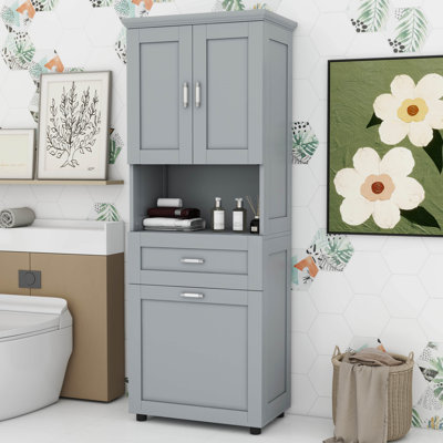 Tall Bathroom Cabinet With Laundry Basket, Freestanding Cabinet With Doors, Storage Space Tilt-Out Laundry Hamper