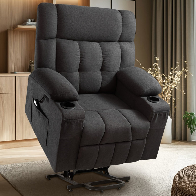 Large Power Lift Recliner Chairs with Cupholder, Remote Control, Side Pockets, Dark Gray Fabric