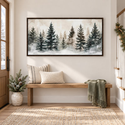 Tableau encadré « Pins d'hiver », toile encadrée, paysage enneigé, style rustique, paysage de nature serein, peinture texturée encadrée pour chambre, 61 x 122 cm