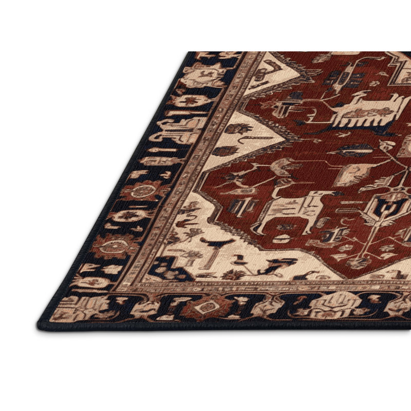 Tapis persan noir lavable à la machine, Rond 5 pi