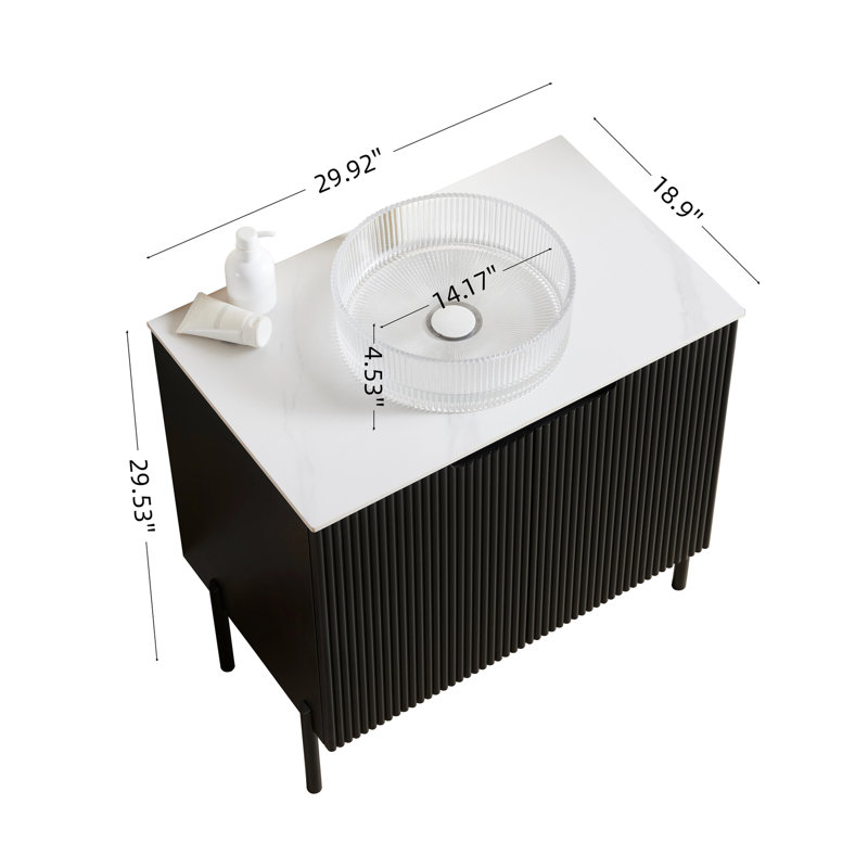 30 Inch Black Freestanding Bathroom Vanity with Transparent Round Glass Basin and Carrara White Sintered Stone Top