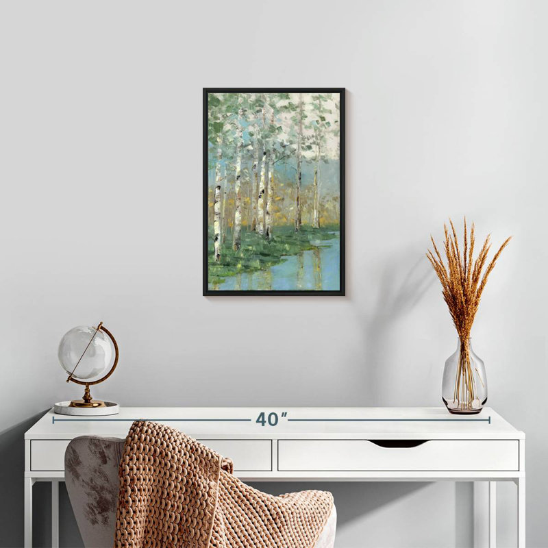 Birch Reflections I, 13 po x 19 po, Cadre flottant noir