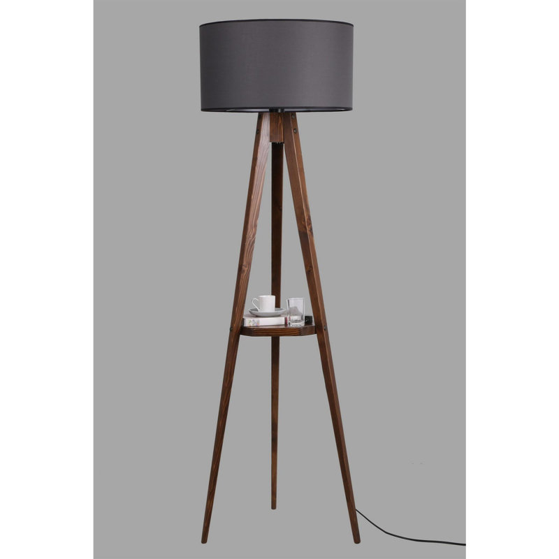 Luro Modern Floor Lamp with Wooden Body & Fabric Cap, Walnut & Grey Finish, 69.3 x 19.3 x 4.3 inches | Includes 10.2 x 10.2 inches Wooden Shelf | On/Off Switch on Cable, E27 Socket, Stylish Lighting for Home Decor