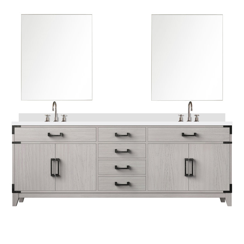 Meuble-lavabo double en chêne blanc 84 po X 22 po, comptoir en marbre de culture scellé, dessus de robinet,