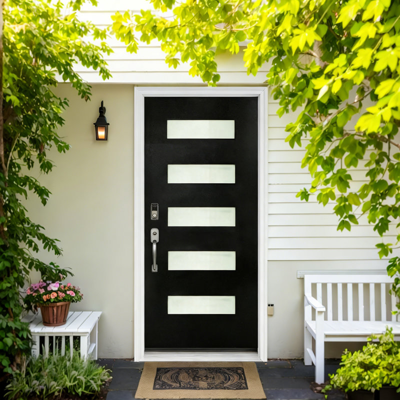 Porte d'entrée noire en fibre de verre 36 po x 80 po avec verre givré 5 lumières, Droite / vers l'intérieur