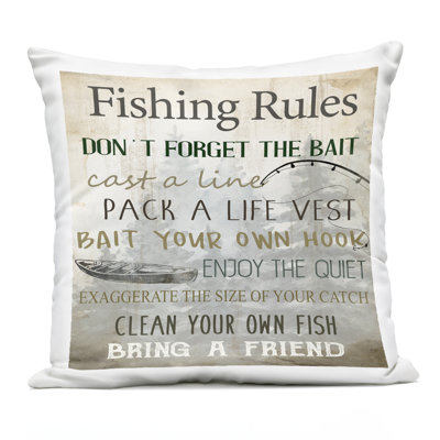 Fishing Rules Rustic List Outdoor Printed Pillow design by Kim Allen
