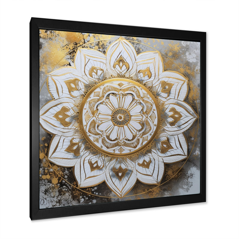 Mandala blanc et doré sur toile, Cadre d'angle fermé noir, H 16 po x l 16 po x P 1 po