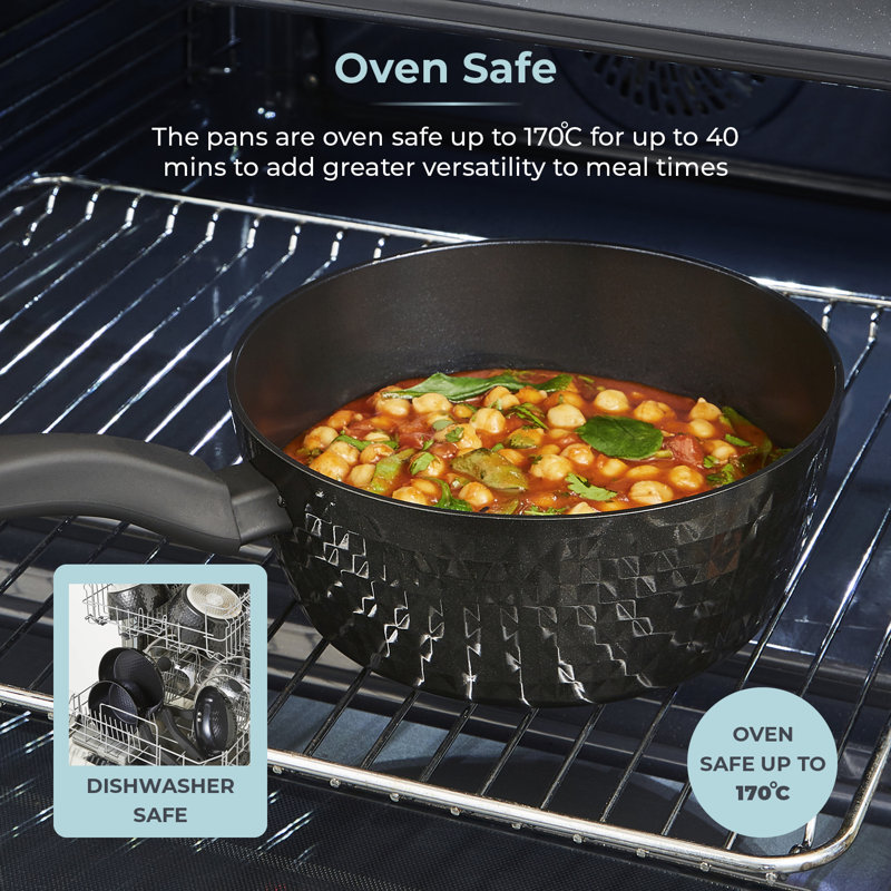 Tower T900130 Diamo 5 Piece Cookware Set, 18cm/20cm/22cm Saucepans with Tempered Glass Lids, 20cm/24cm Frying Pans, Black Diamond Non-Stick Ceramic Coating, Black