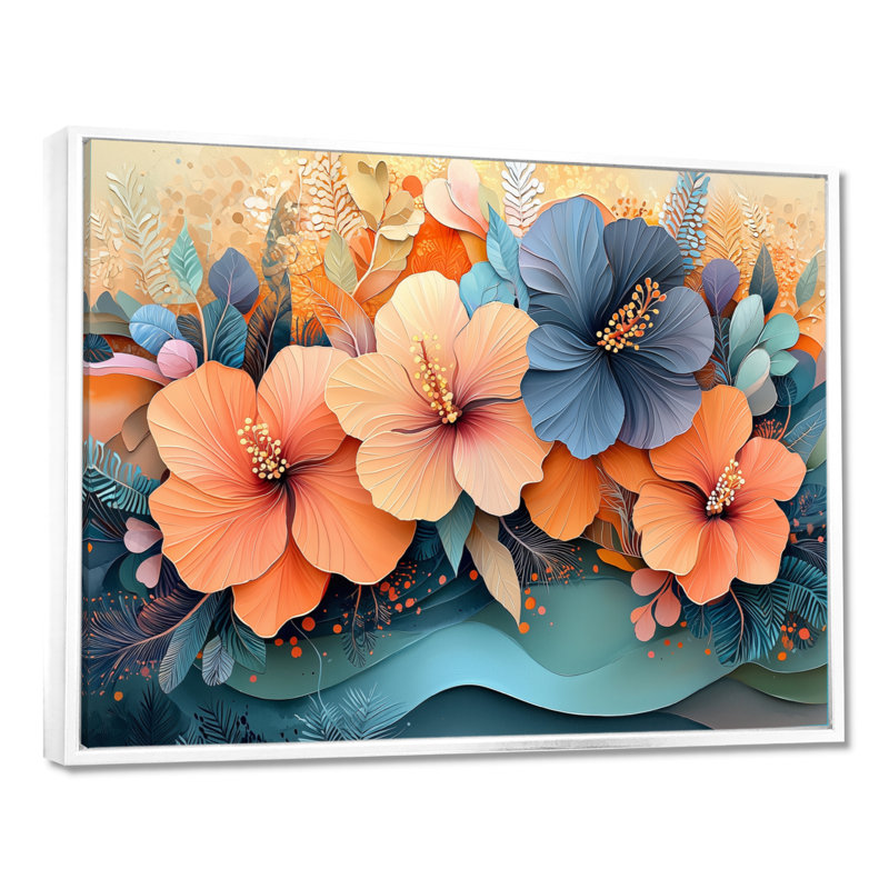 Hibisuc tropical dans une symphonie côtière II - Hibiscus, art mural, H 16 po x l 32 po, Cadre flottant, Blanc