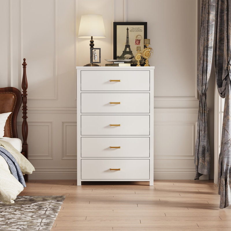 Commode 5 tiroirs en bois massif, Blanc