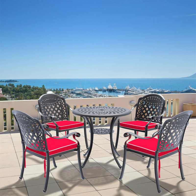 5-Piece Set Of Cast Aluminum Patio Furniture With Black Frame And Red Seat Cushions(Same Sku:W1710S00046)
