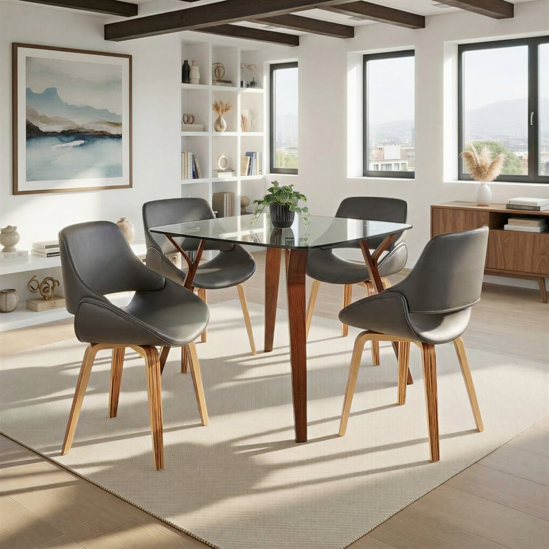 Najrin Upholstered Side Chair with Bent Wood Legs, Gray Faux Leather, Zebra Bent Wood