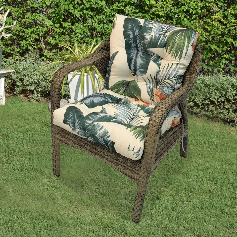Outdoor Seat/Back Chair Tufted Cushion,All-Weather Patio Chair Cushion With Ties,For Patio Furniture, Cream/Green