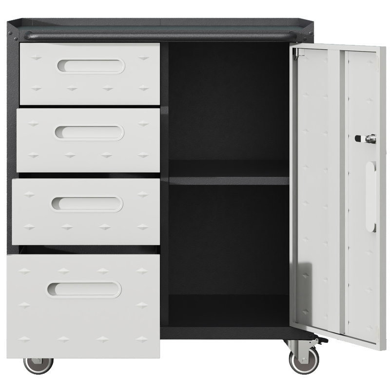 Metal Garage Storage Cabinet - Office, Home, Garage. 34.23"H, Lockable Wheels, Raised Top, 4 Side Drawers. Black/Gray Heavy-Duty For Garage, Home. 360 Top. Drawers, Adjustable Shelves. .