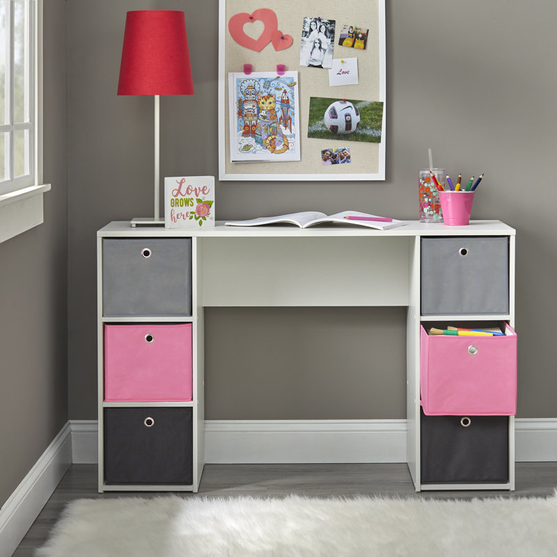 Meike Writing Desk, White, Pink / Black / Grey
