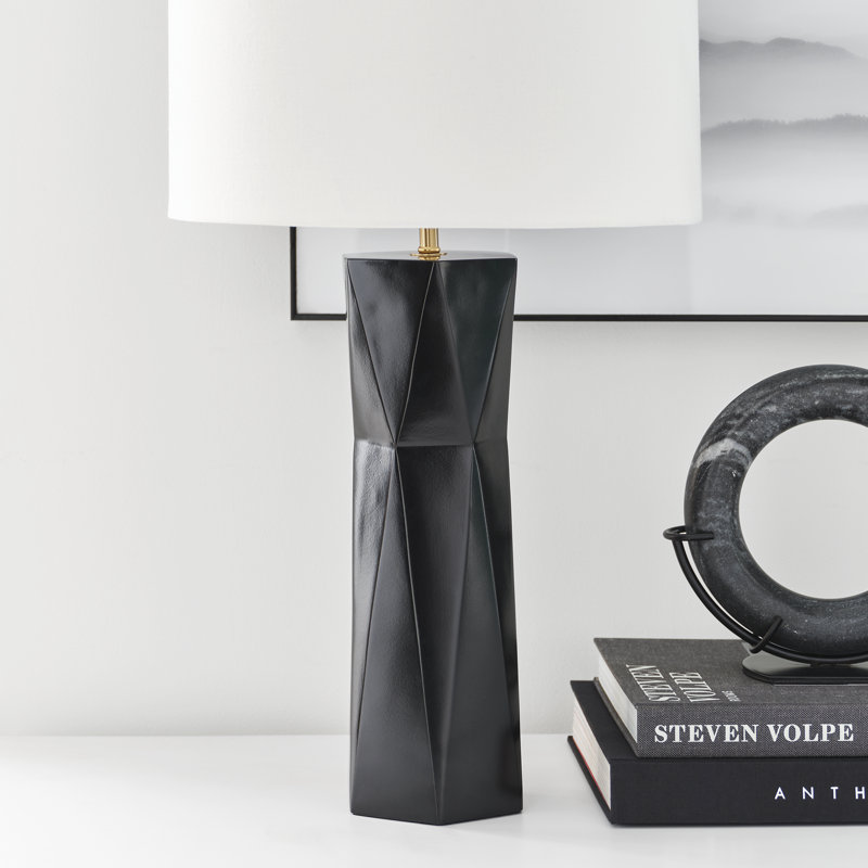 Gloss Black Resin Table Lamp with White Linen Shade