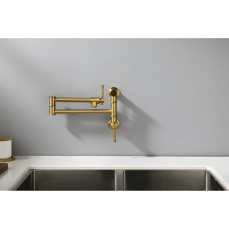 Pot Filler Faucet Wall Mounted - Modern Style Brass Brushed Gold Arm For Easy Reach Splash- Water Supply Double Handles Accurate Handling Finish