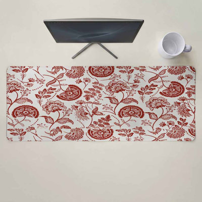Tapis de souris bohème rouge à motif floral, idéal pour le jeu, le clavier et la souris. Grand tapis de souris vintage de style ferme, motif cachemire et feuilles, avec base antidérapante. Tapis de souris décoratif pour le jeu, le bureau ou la maison. Dimensions : 30 x 70 cm. Livré avec une tasse blanche.