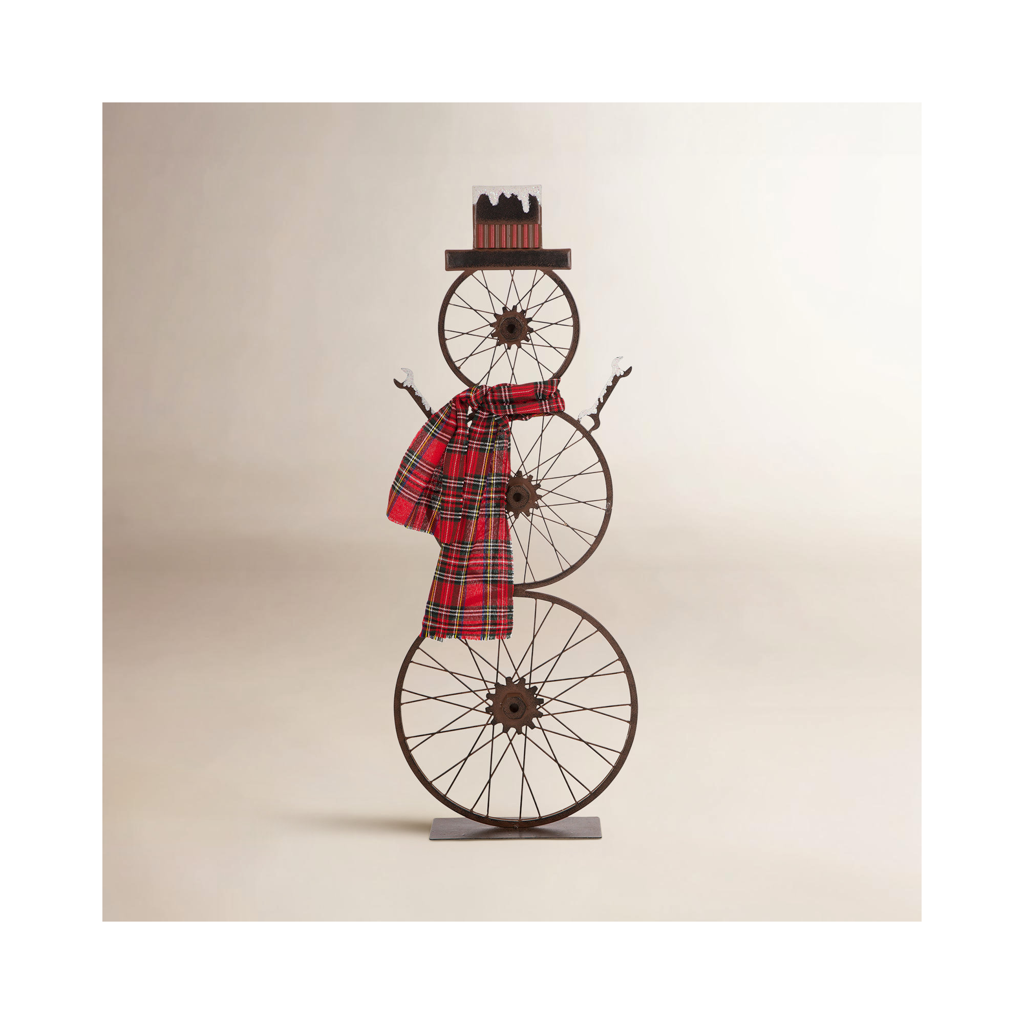 Jimena 34"H Metal Bike Wheel Snowman w/Plaid Scarf Porch Decor