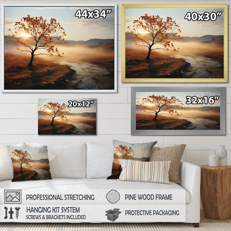 Lumière du soleil sur le feuillage en fleurs - Arbres, art mural du salon, H 12 po x l 20 po x P 1 po, Cadre flottant blanc
