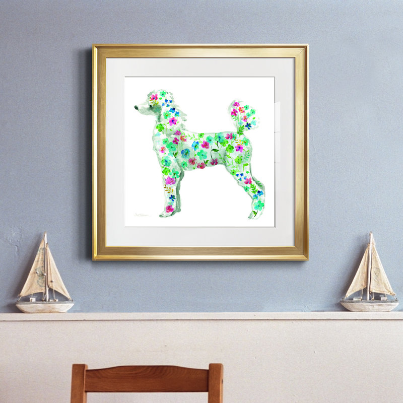 Tapisserie caniche - peinture encadrée, H 34,5 po x l 34,5 po x P 1,5 po, Papier encadré doré