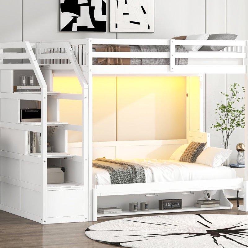 Lit mezzanine double très grand blanc avec escalier de rangement fonctionnel, lit, conduit et cadre pliable - petite pièce