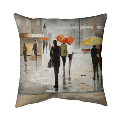 Abstract passersby with umbrellas - 16"x16" Outdoors Throw pillow - Spun poly - Print on demand