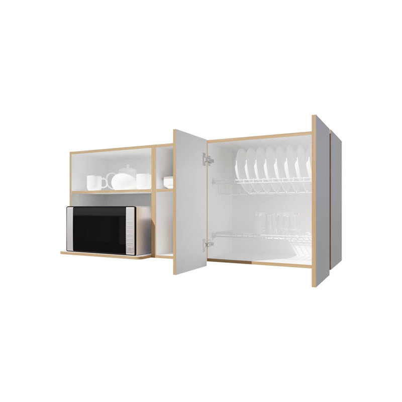 Armoire de cuisine en chêne naturel et blanc avec espace pour micro-ondes et tablette ouverte