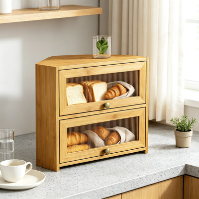 Boîte à pain d'angle pour comptoir, double compartiment grande capacité, style ferme vintage, avec fenêtre en acrylique et poignée en bronze, rangement gain de place à 2 niveaux pour placard