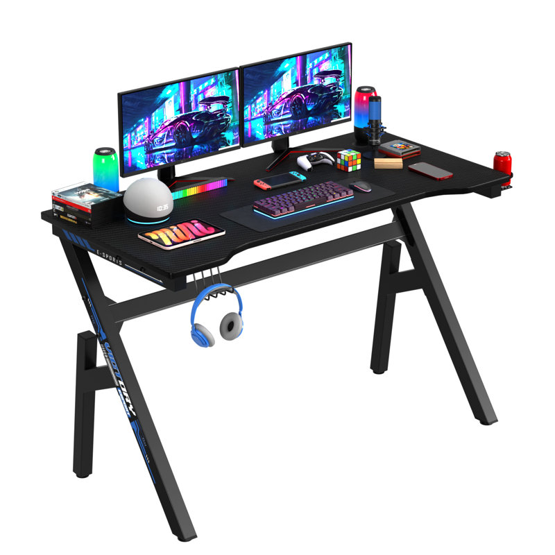 Gaming Desk 47 Inch Ergonomic Computer Desk Carbon Fiber Computer Desk PC Gaming Table Large Workstation with Cup Holder Headphone Hook