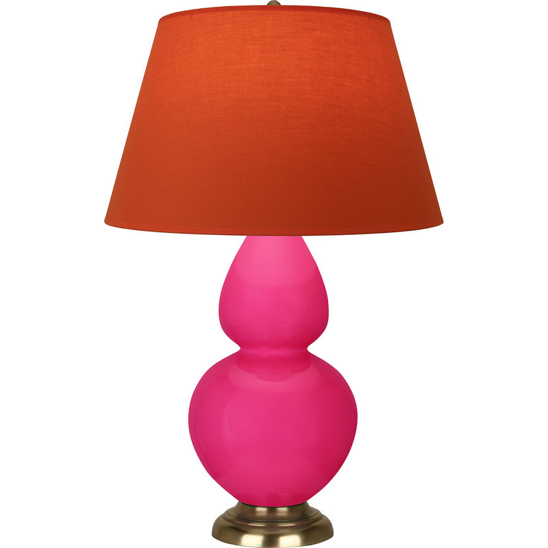 Lampe de table double gourde en céramique, Rose Razzle glacé / laiton, Tangerine / doublure taupe, Laiton