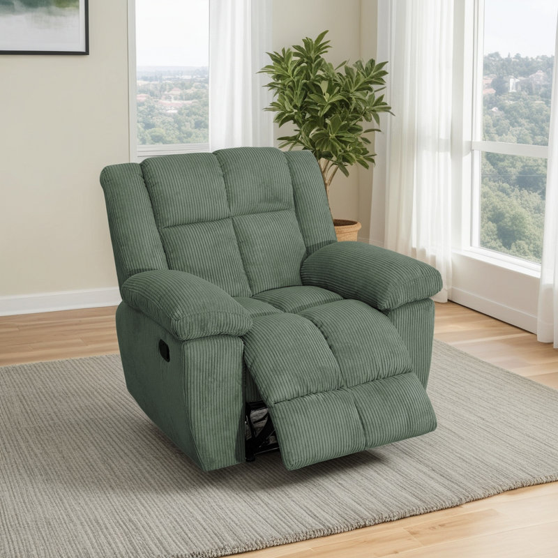 Manual Recliner Chair With Padded Armrests - Overstuffed Corduroy Upholstery, Solid Wood Frame, 400Lb Capacity, Green