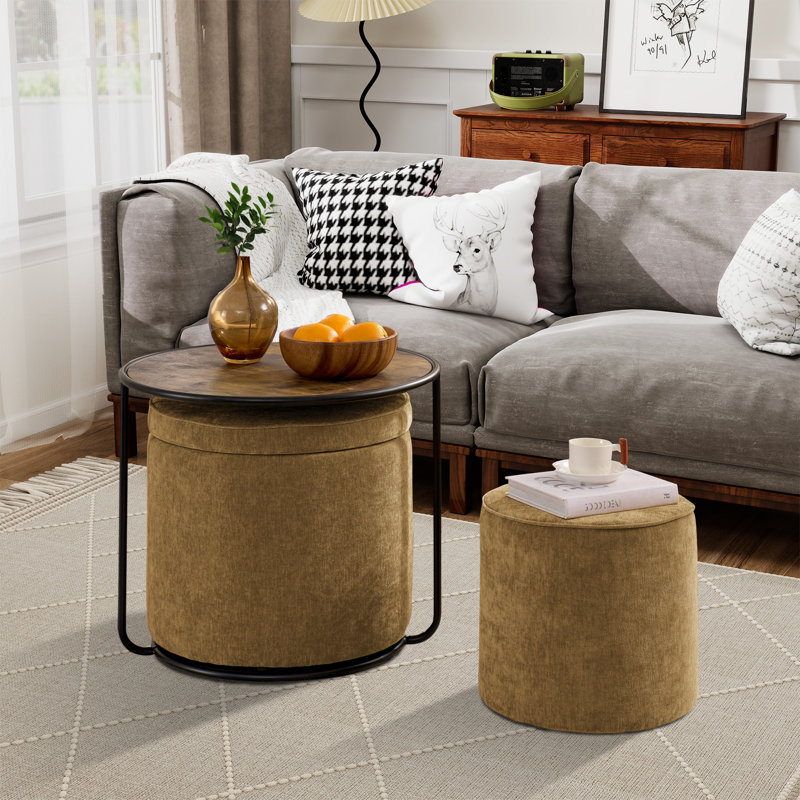 Ensemble de tables basses avec 2 tabourets, Brun