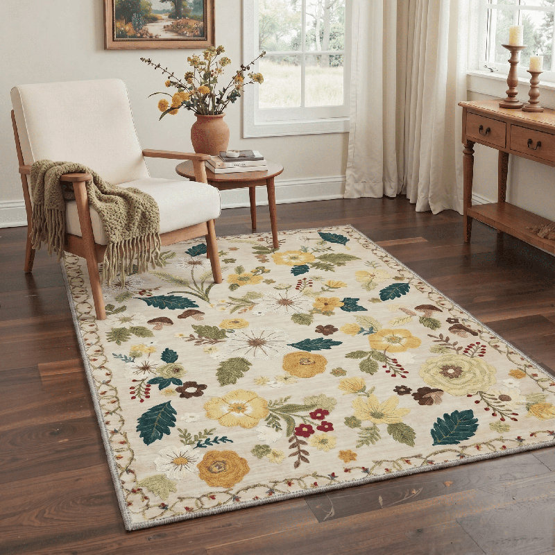 Veridia Floral Machine Washable Beige / Yellow / Green Indoor Area Rug with Non-Slip Backing, Rectangle 6' x 9'