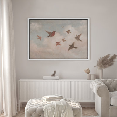 Flock of Birds in the Sky Framed Canvas Wall Art Print, Vintage Soft Cloudscape with Flying Birds in Pastel Tones