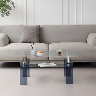 Table basse moderne à 2 niveaux en verre trempé avec tablette de rangement | Table centrale peu encombrante pour le salon et les petits espaces