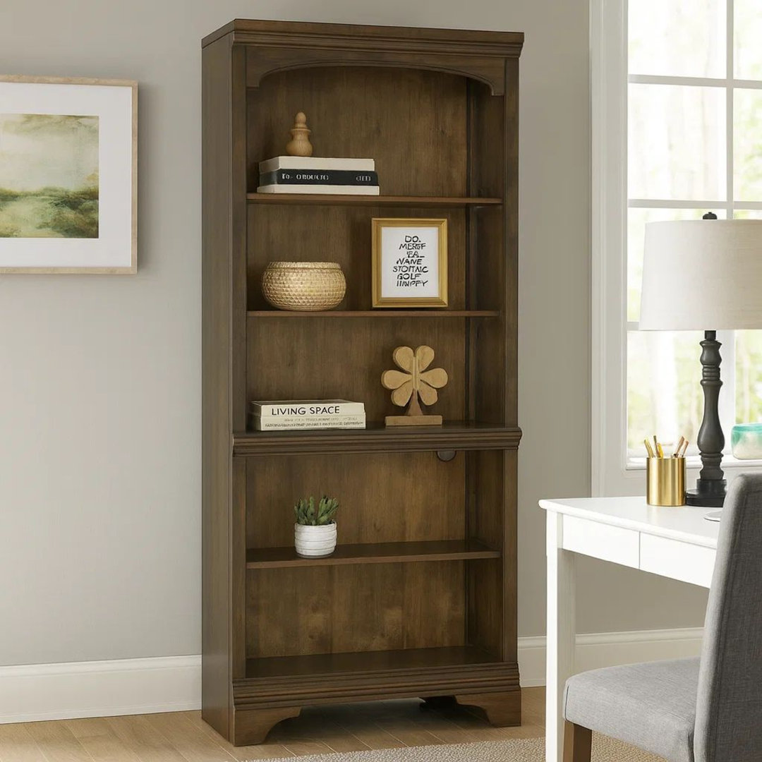 Favien 78 Inch 5 Tier Rubberwood Bookcase, 3 Adjustable Shelves, Oak Brown Canora Grey