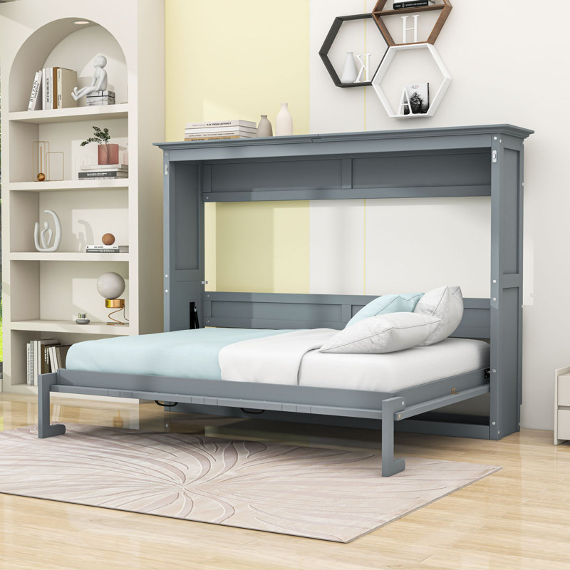 Lit escamotable double en bois avec lattes, Gris