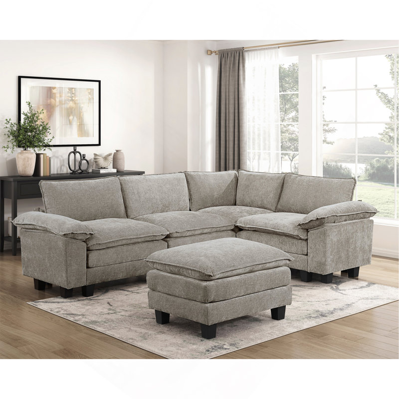 Ensemble modulaire 5 pièces avec repose-pieds moelleux en chenille, Gris brun