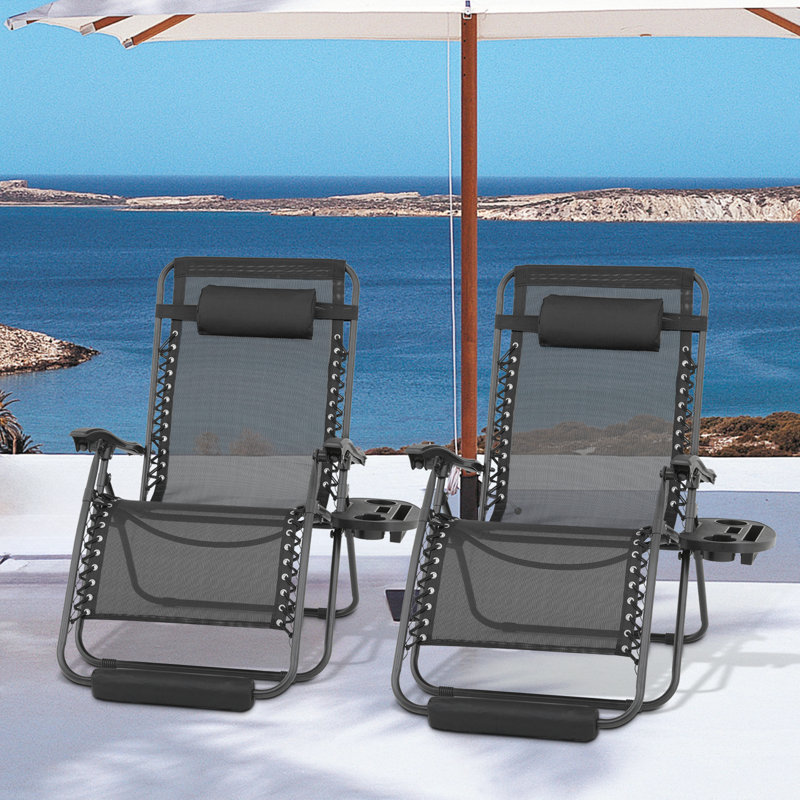 Chaises longues d'extérieur inclinables pliantes Zero Gravity Chairs avec siège extra large, coussin, repose-pieds, Noir