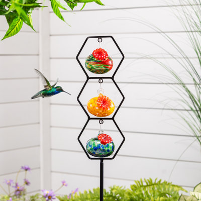 Glass Hummingbird Feeder Trio Garden Stake
