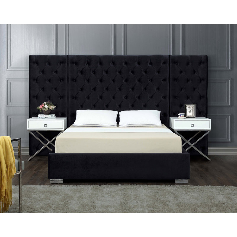 Upholstered Platform Bed, King, Black Velvet